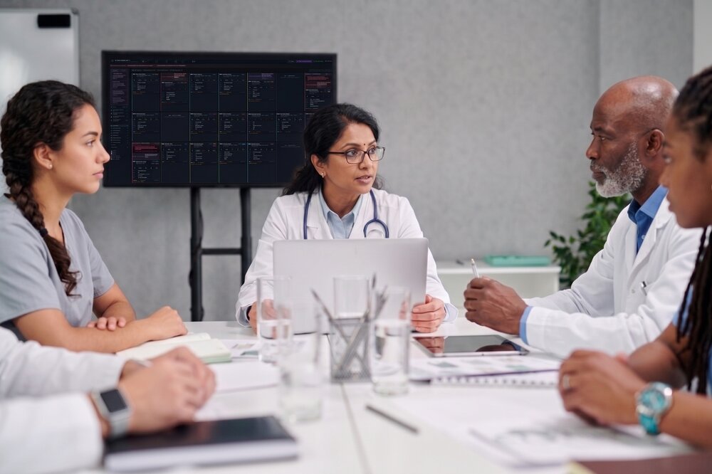 Clinical team meeting discussing patient care with real-time data displays visible in background